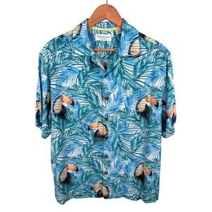 Carribean Men's Size Medium Blue Silk Blend Palm Toucan Hawaiian Tropical Shirt